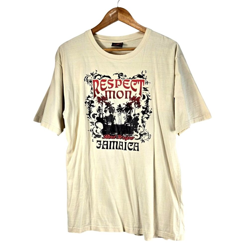 Red Stripe T-Shirt Beige XL Jamaica -Respect Mon- Vaca Casual Vtg Short Sleeve - Picture 11 of 15
